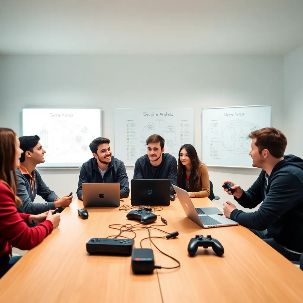 Gruppe junger Menschen diskutiert über Spieldesign