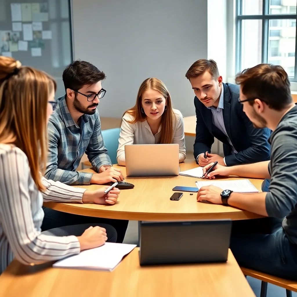Gruppe junger Menschen diskutiert über Spieldesign