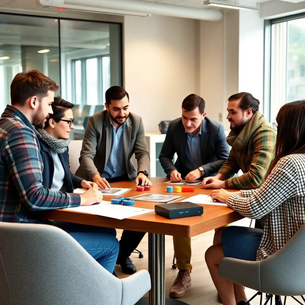 Gruppe diskutiert Spielanalyse in einem modernen Büro