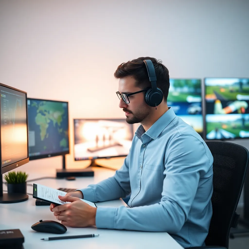 Person analysiert Spielmechanik auf mehreren Bildschirmen mit Notizen