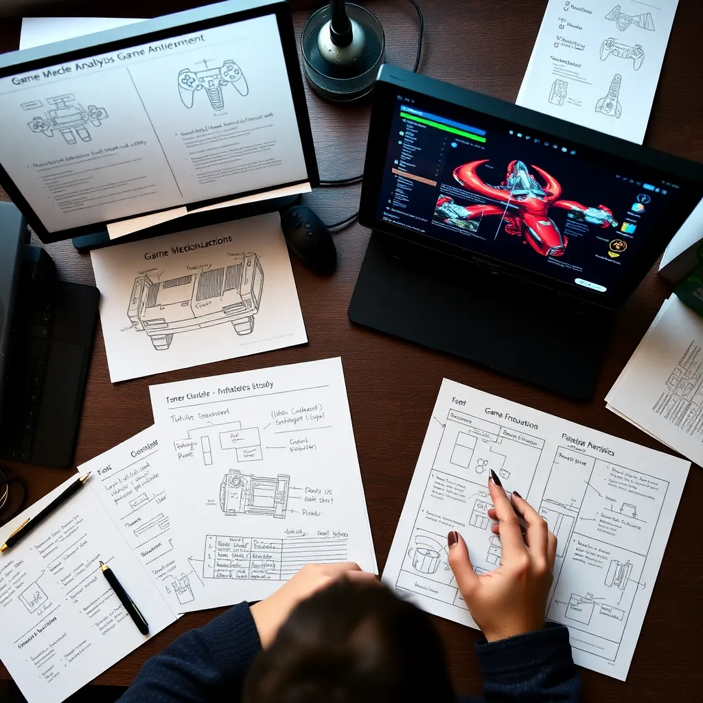 Studiengruppe diskutiert Spielmechaniken anhand eines Diagramms