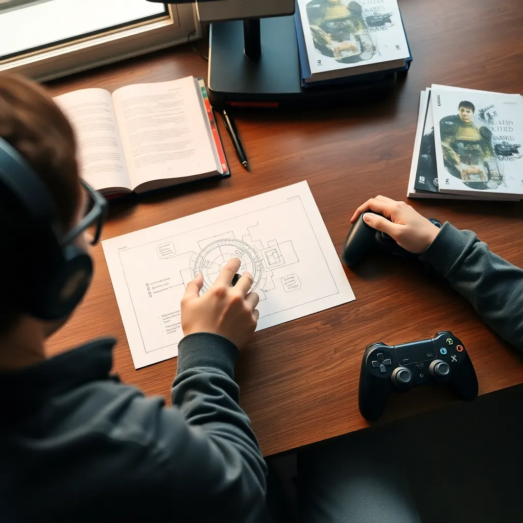 Person analysiert Gameplay-Elemente eines Videospiels