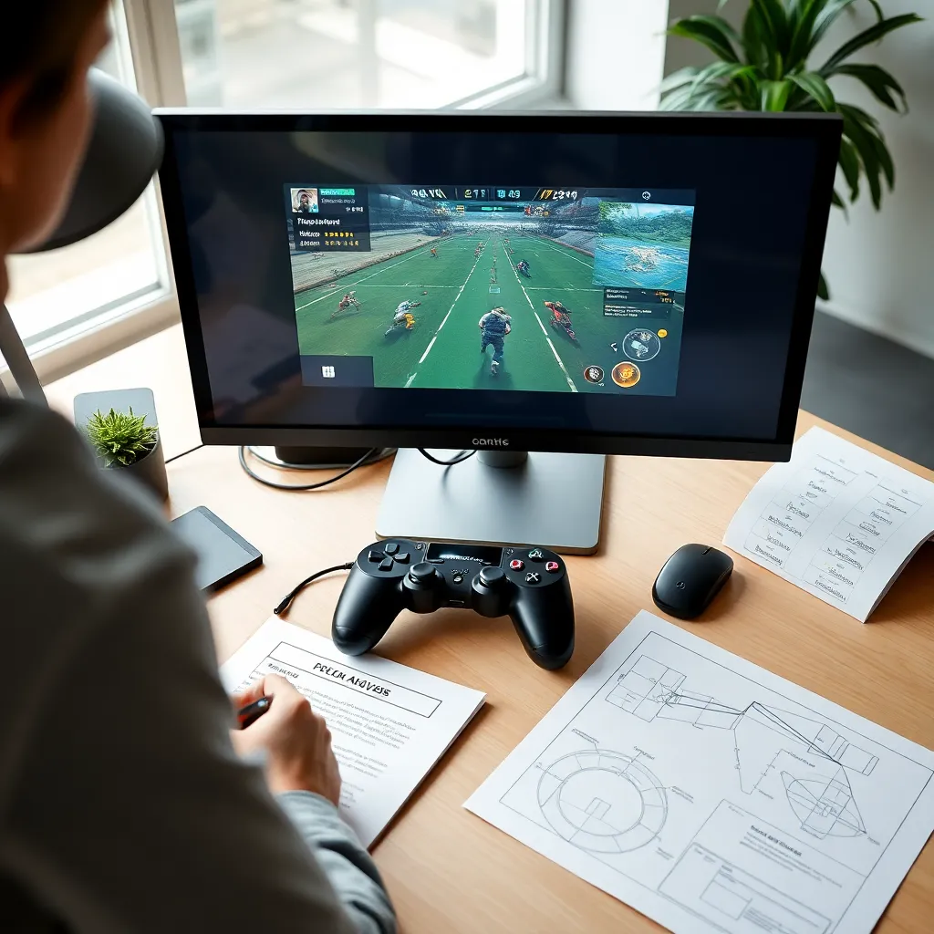 Person analysiert Spielmechaniken mit Notizblock und dokumentiert Spielablauf