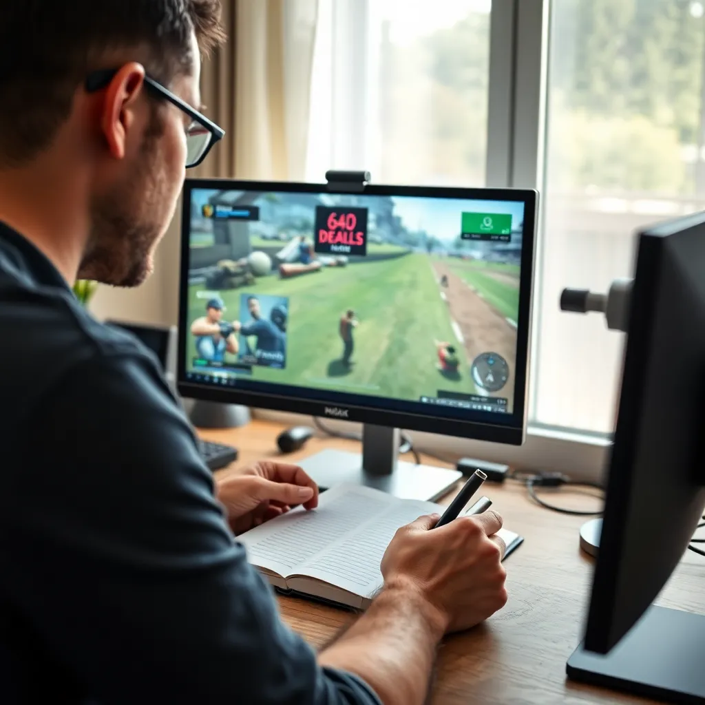 Gruppe von Spielanalysten diskutiert vor einem Bildschirm mit Spielszenen und Notizen