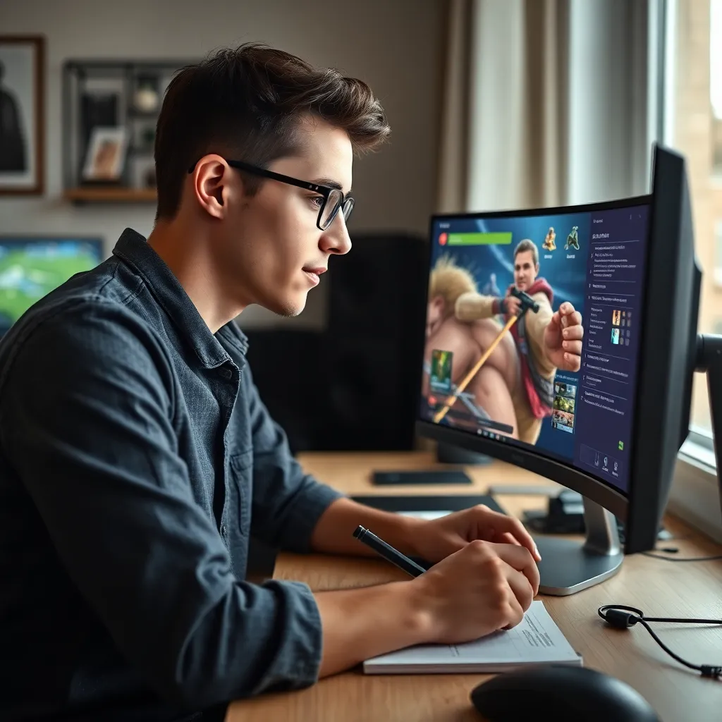 Person analysiert Spielmechanik auf einem Bildschirm mit Notizen